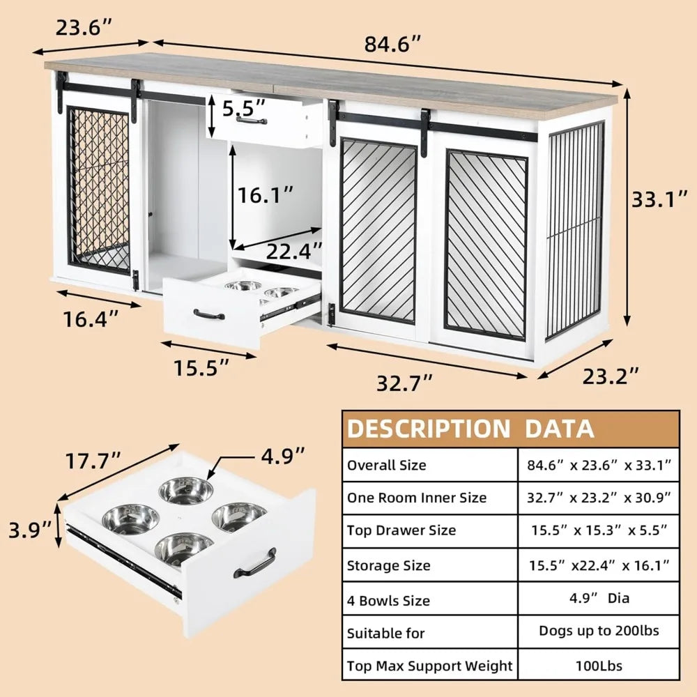 Large Dog Crate Furniture, 85" Sliding Door Double Kennel, Wooden Kennel w/4 Dog Bowls & Drawer