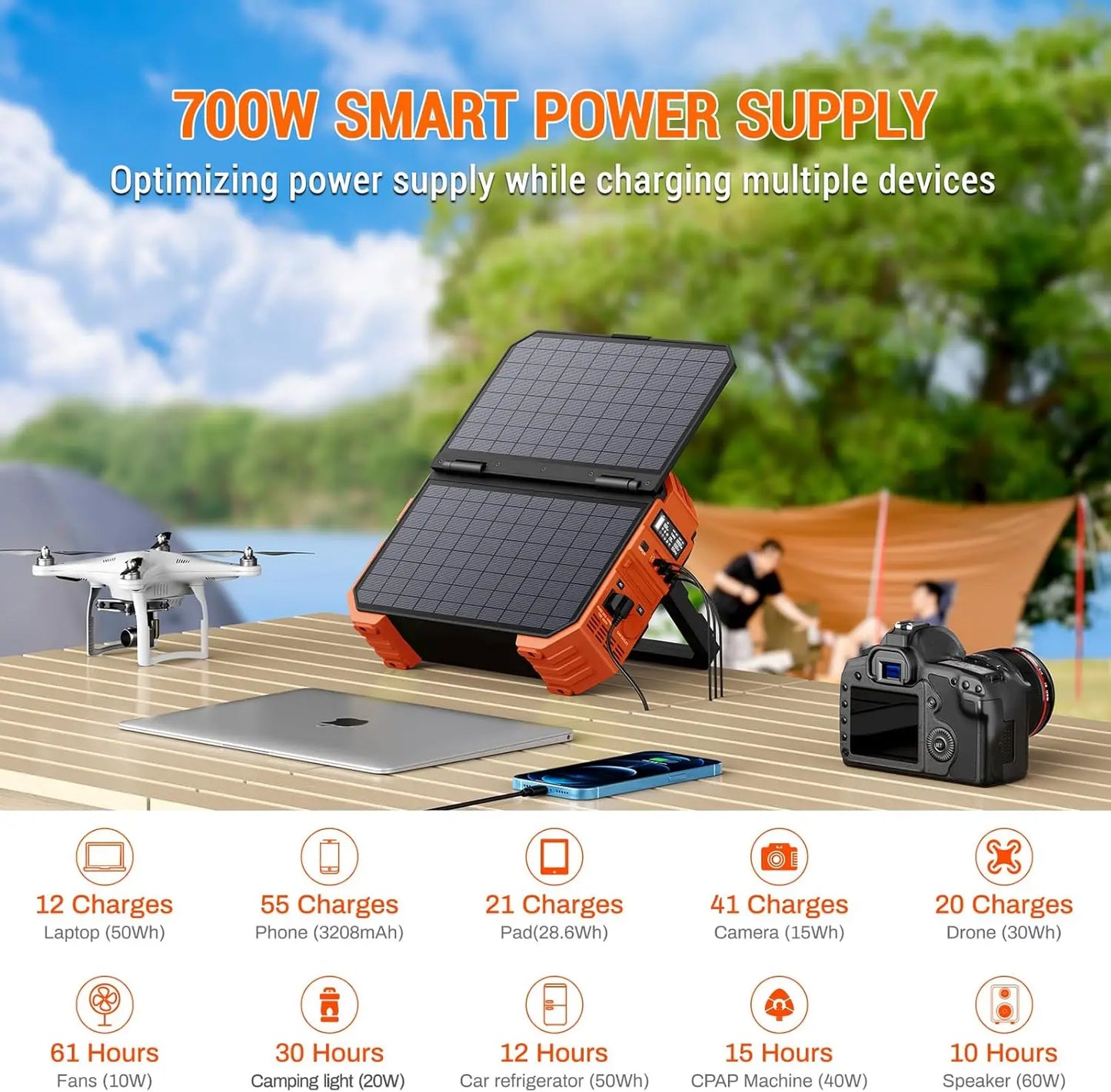 Portable Power Station w/Built-in Solar Panel 614WH/192000mAh LiFePO4 Battery Pack,600W AC/DC/USB/PD