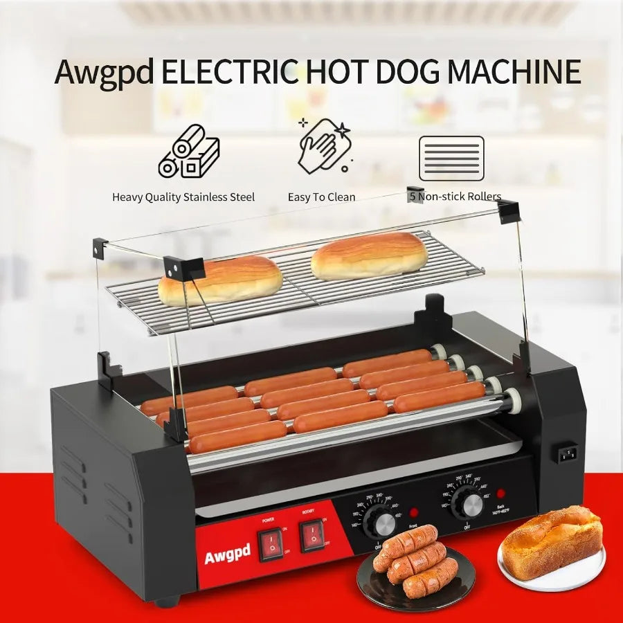 Hot Dog Roller Machine 12 Hot Dog and 5 Non-Stick with Glass Cover Drip Tray