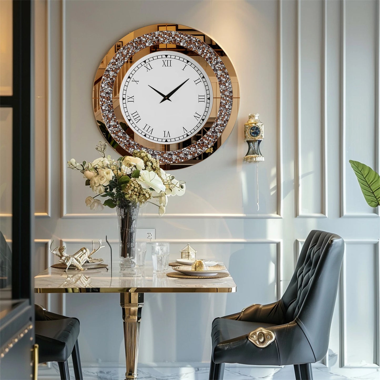 60/80CM Bling Silver Round Mirror Clock Glam Sparkle Twinkle Shining Mirrored Wall Clock