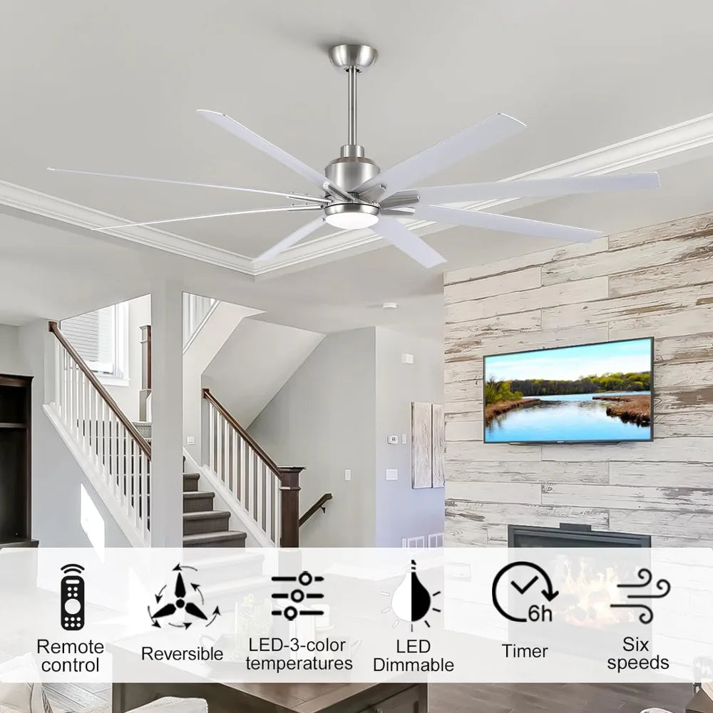 Ceiling Fan w/Lights Remote Control 72" Brushed Nickel Large Ceiling Fan w/8 Reversible Blades