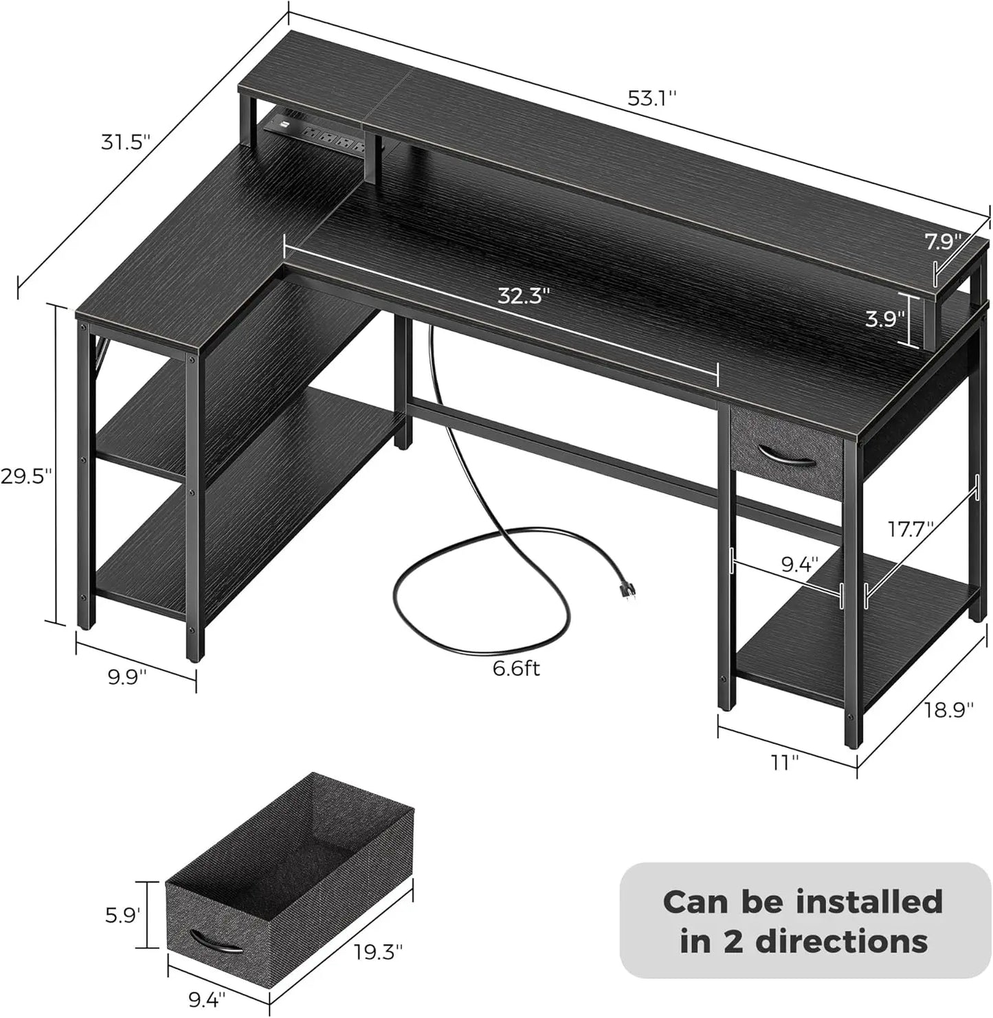 53" L Shaped/LED Lights & Power Outlets, Computer Desk with Shelves & Monitor Stand