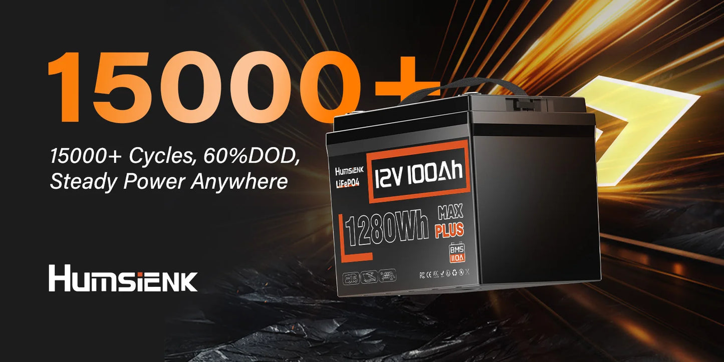 Humsienk 12V 100Ah LiFePO4 Battery With Low-Temp Protection Built-in 110A BMS 15000 Cycles