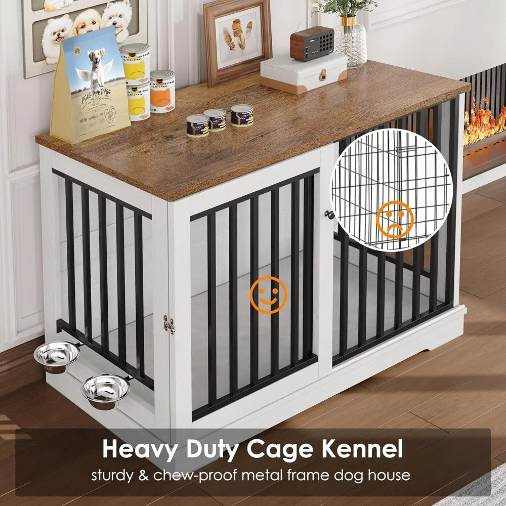 47 Large Dog Crate Furniture, Heavy Duty Dog Kennel Indoor with Sliding Door and 2 Adjustable Bowls