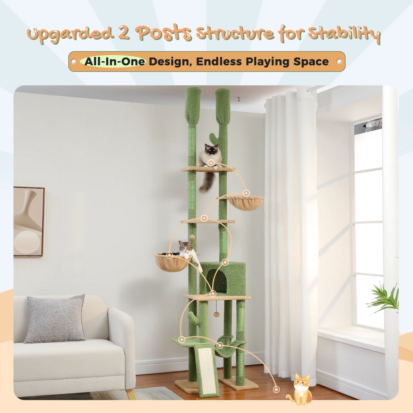 Cactus Cat Tree Floor to Ceiling 7 Tiers Climbing Tree w/ Cozy Hammocks and Condos 5 Platforms