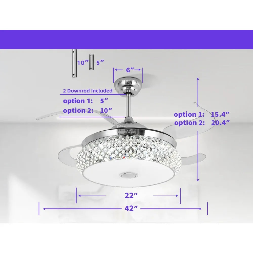 2024 Retractable Bluetooth Ceiling Fan w/Speaker, Retractable Fan w/ Light & Remote/APP Control