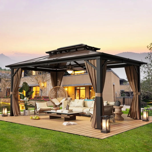 10'x13' Hardtop Gazebo, Outdoor Polycarbonate Double Roof Canopy, Aluminum Frame Permanent Pavilion