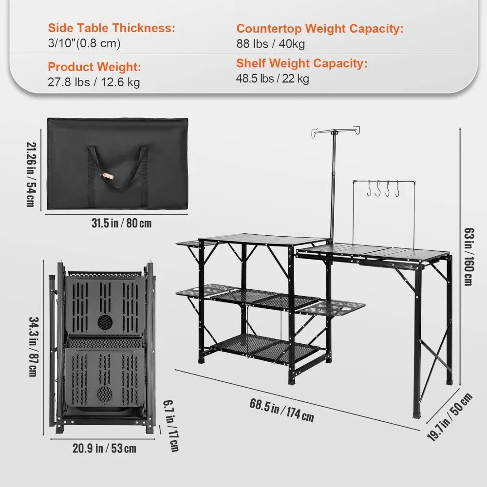 Camping Kitchen Table with Sink, Aluminum Folding Portable Outdoor Cook Station, 2 Shelves/Bag