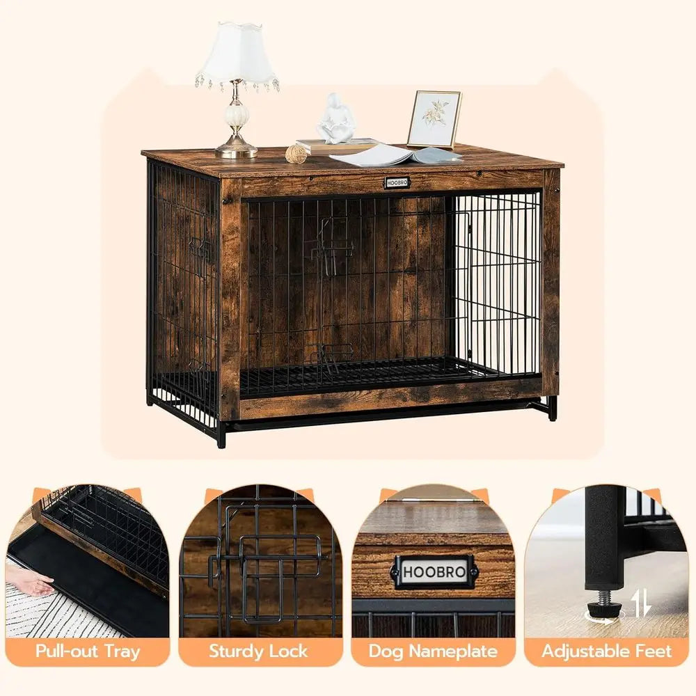 Large Wooden Dog Crate, 38.6 Indoor Kennel with Pull-Out Tray/Large, Medium, and Small Dogs