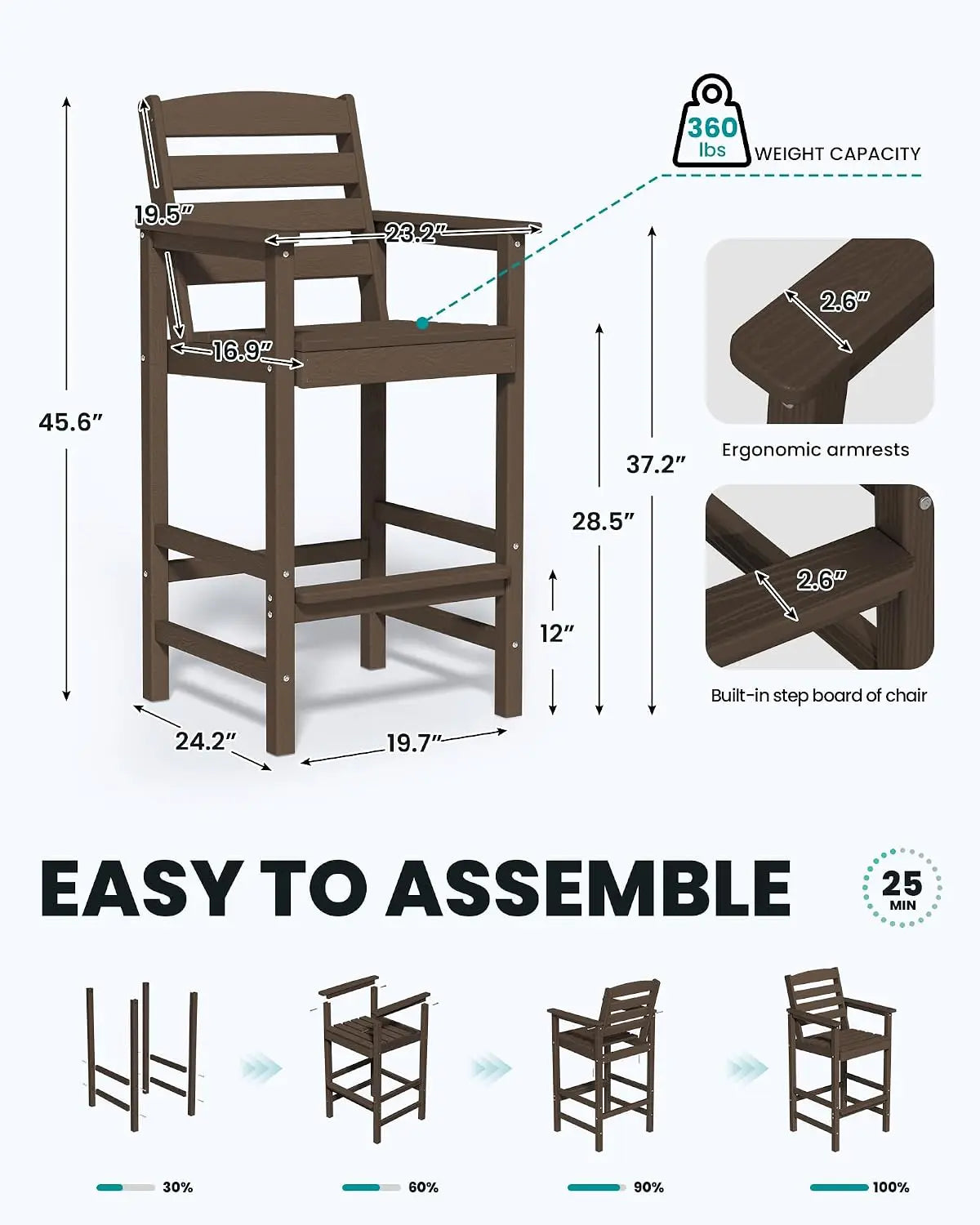 Two Piece Set High Top Patio Adirondack Chairs, Balcony Height Outdoor Barstool Seating Combination