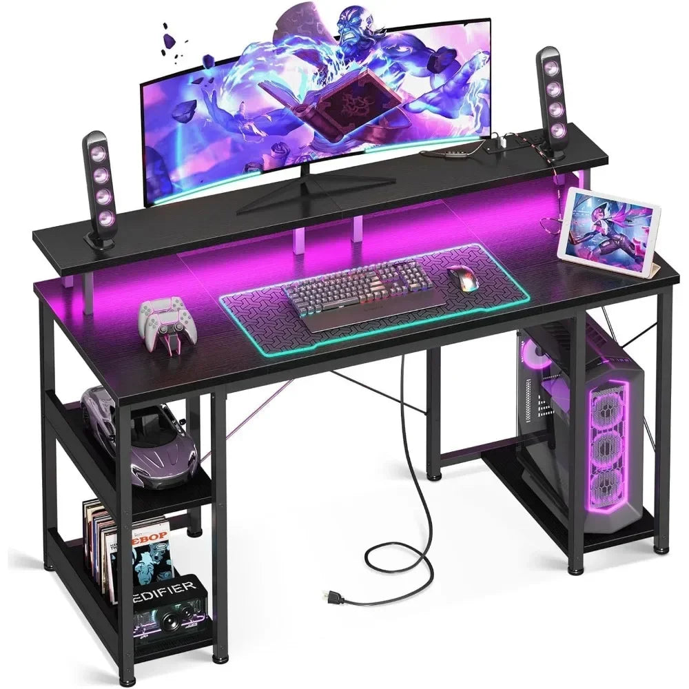 Computer Desk, 48" Gaming Desk/LED Lights & Power Outlets, w/Monitor Stand & Storage Shelves