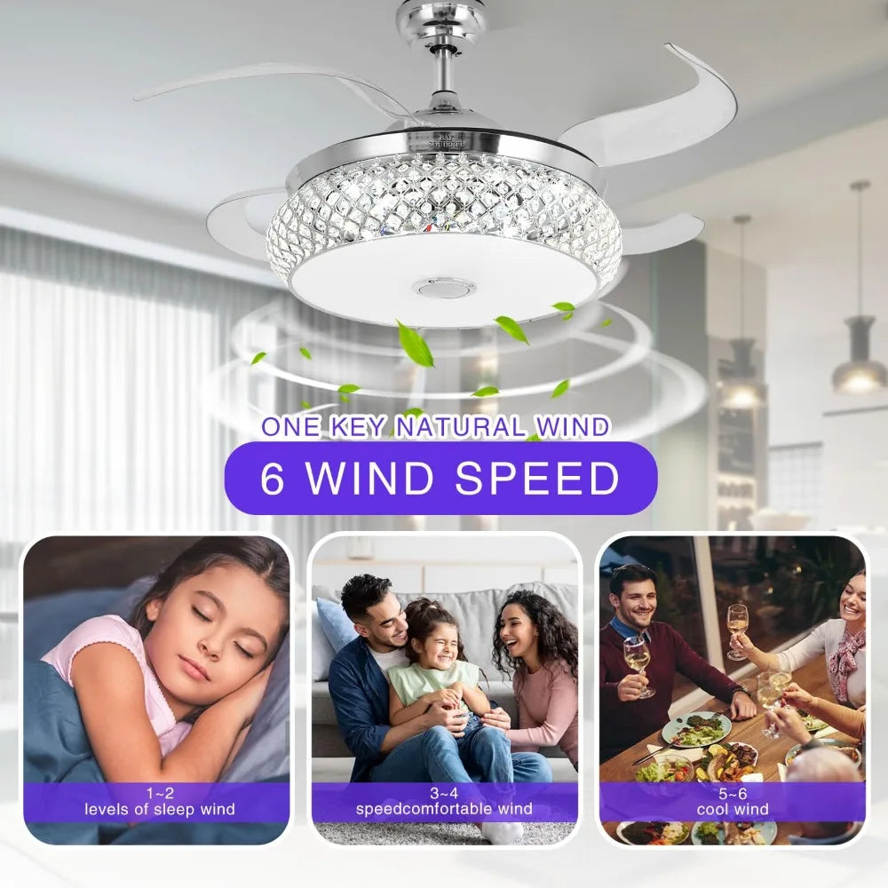 2024 Retractable Bluetooth Ceiling Fan w/Speaker, Retractable Fan w/ Light & Remote/APP Control