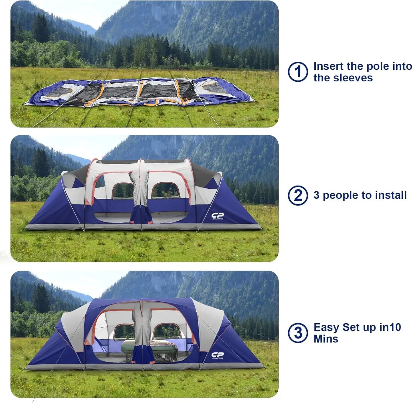12-Person Family Camping Tent, Waterproof Windproof, 3 Rooms, Carry Bag - 20' x 9' x 72"