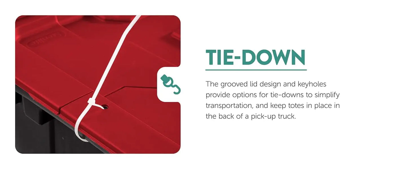 6 Pack Hinged Lid Industrial Totes, 12 Gal Stackable Storage Bins, Black/Red Lid