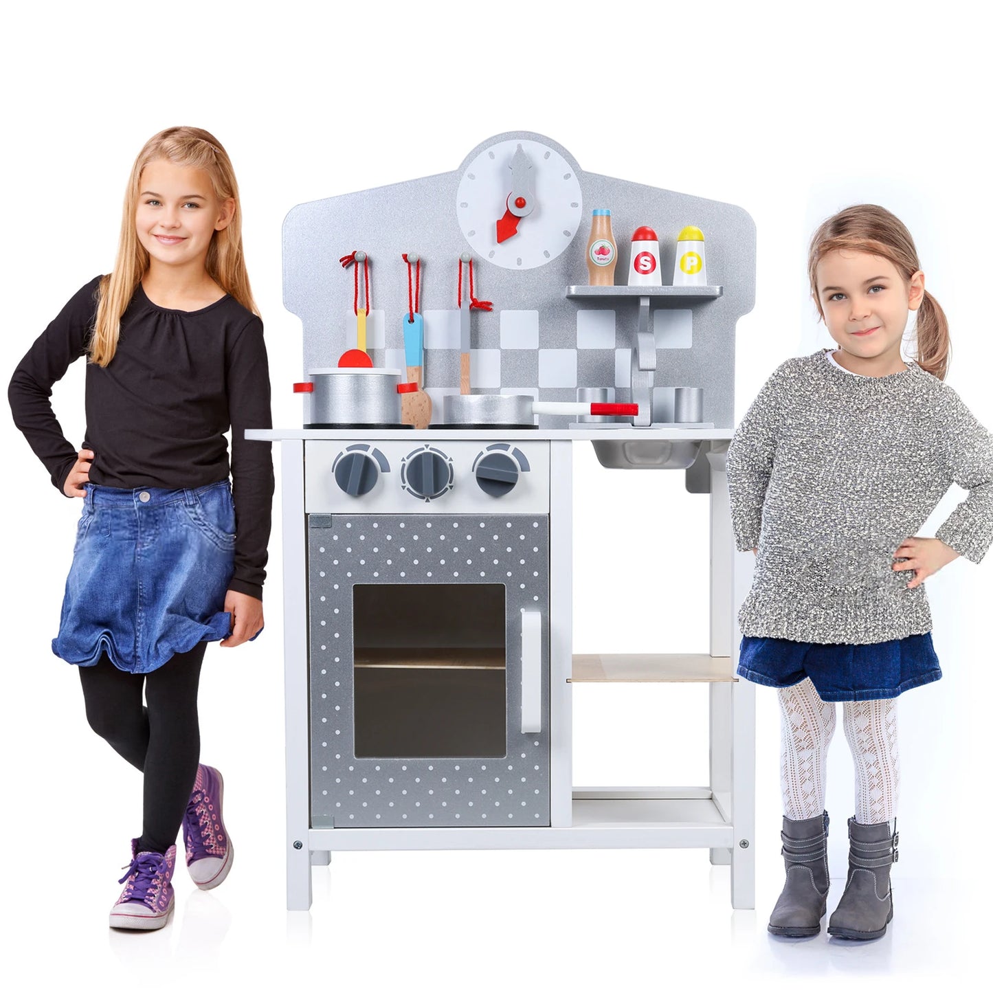 Kids Kitchen Play Set, Wooden Kitchen Playset w/Sink Oven, Toddler Cooking Set Pretend/Age 18 Month+