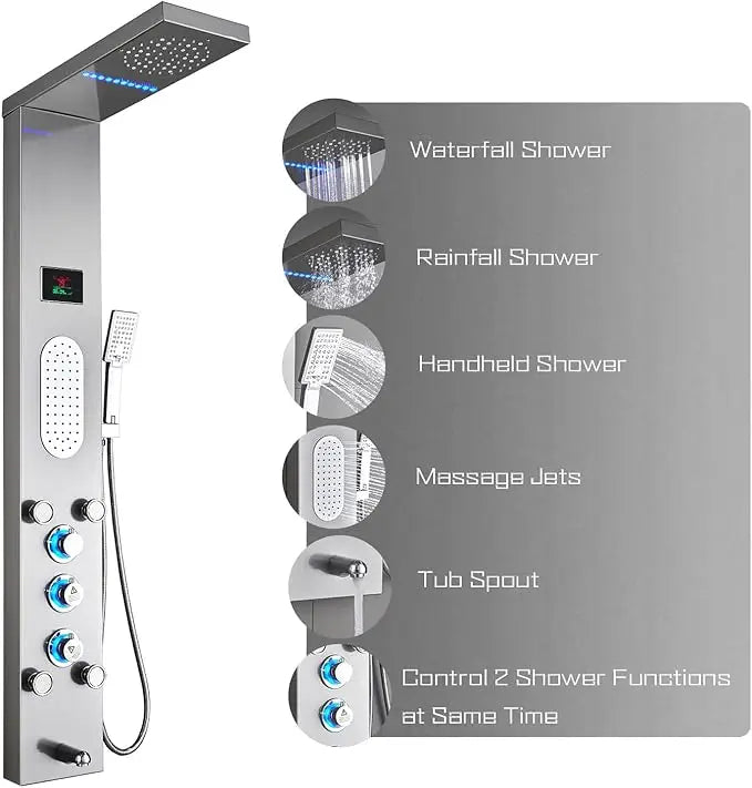 ELLO&ALLO Stainless Steel Shower Panel Tower System,LED Rainfall Waterfall Shower Head