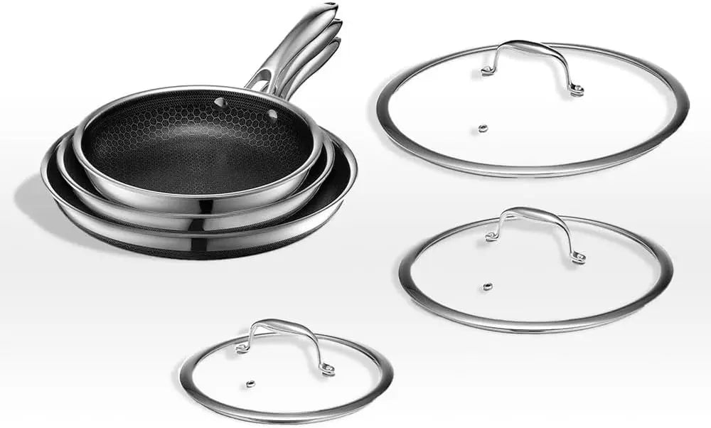 Hybrid Nonstick 6-Piece Fry Pan Set, 8, 10 and 12-Inch Frying Pans with Tempered Glass Lids