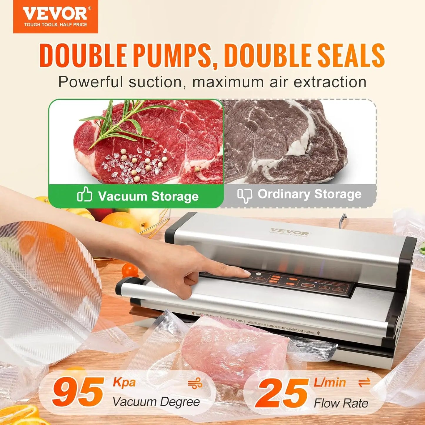 VEVOR Food Vacuum Sealer 95Kpa 350W Powerful Dual Pump and Dual Sealing Food Storage, Automatic