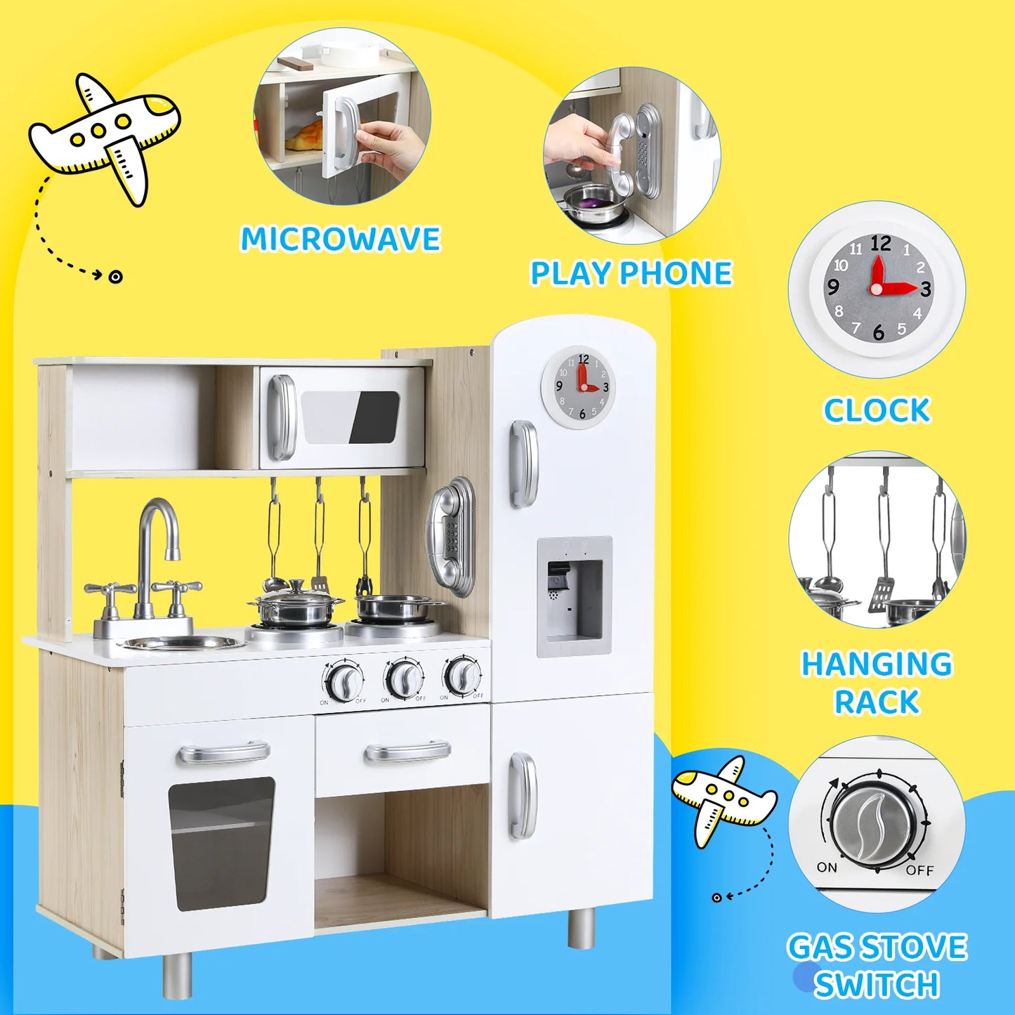 Kids Kitchen Playset, Preschool Cooking Kitchen, Toddler Wooden Pretend Play Toy w/Fridge, Stove