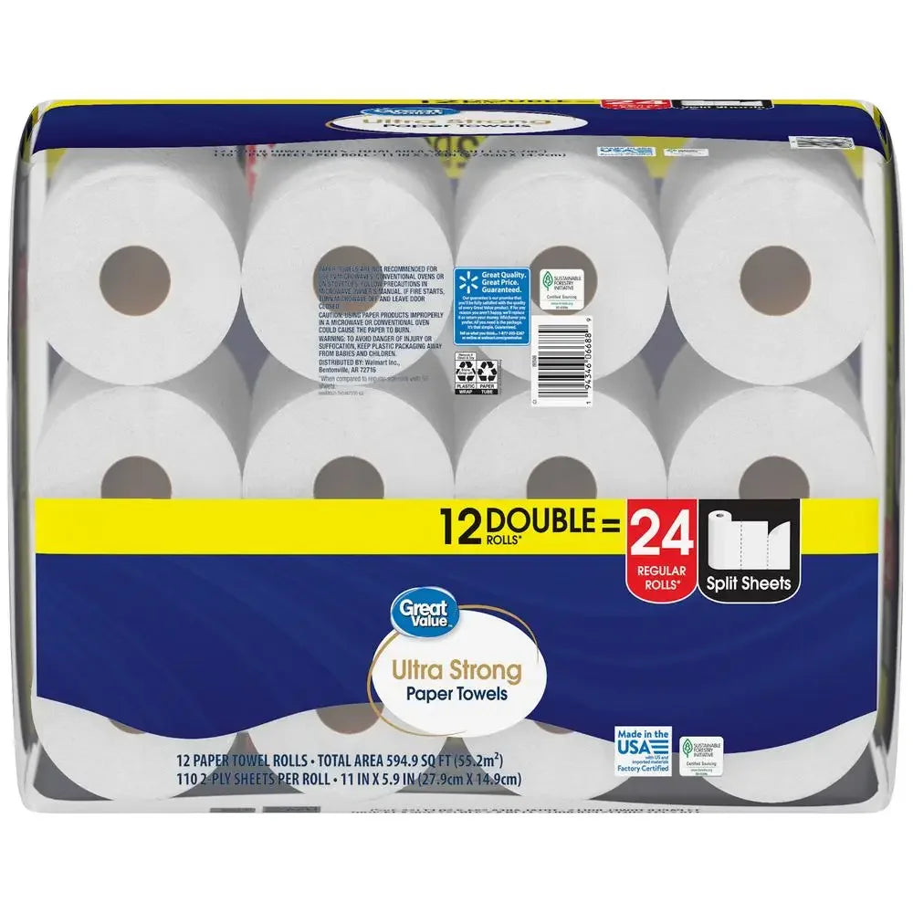 Premium 2-Ply Ultra Strong White Paper Towels 12 Double Roll/Durable Kitchen Towel Split Sheets