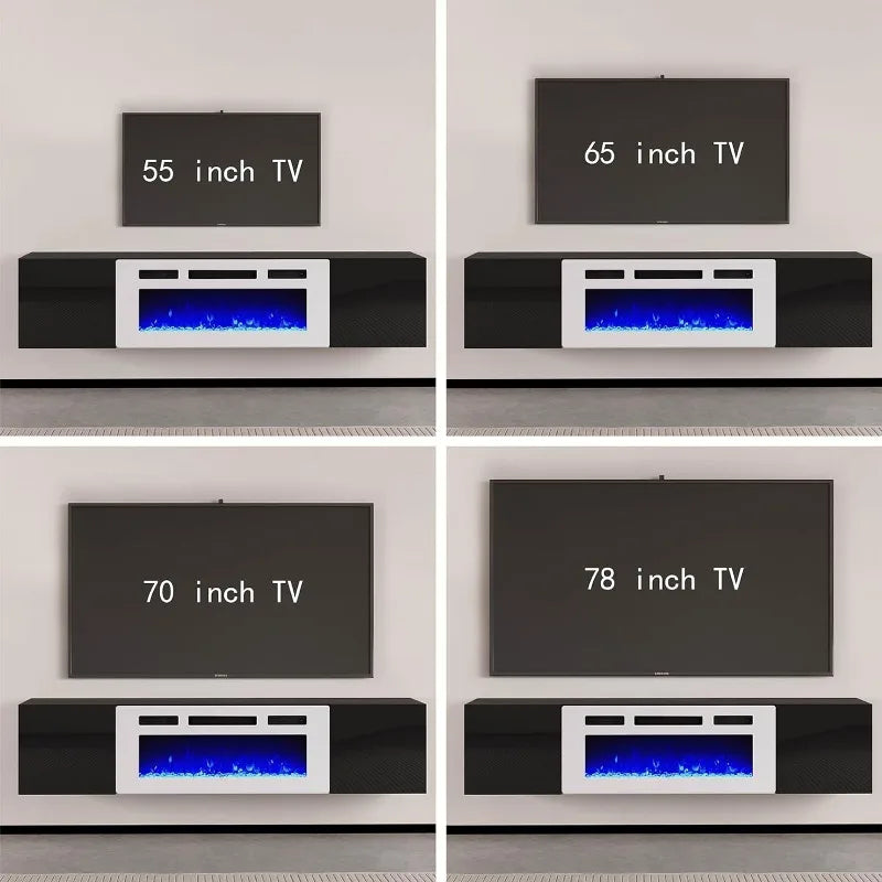 Floating TV Stand w/ 36" Electric Fireplace,High Gloss Finish Wall Mounted Entertainment Center