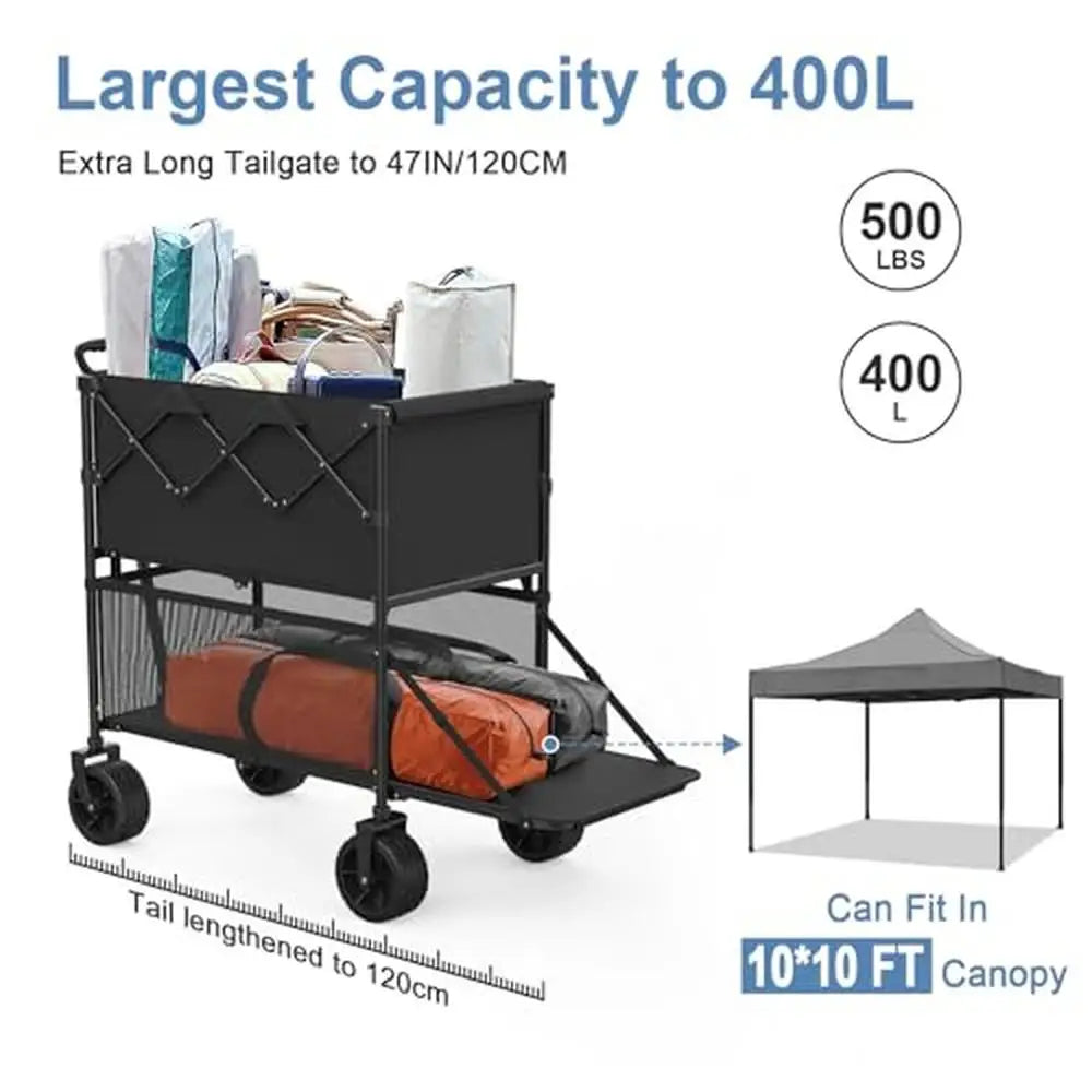 Folding Double Decker Wagon 47" Long Extender Cart 500lbs Heavy Duty All-Terrain Wheels Max Load