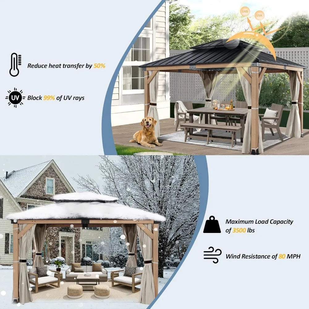 Wood Gazebo 10x12 ft –Gazebo Wooden with Double Metal Roof with Mosquito Netting