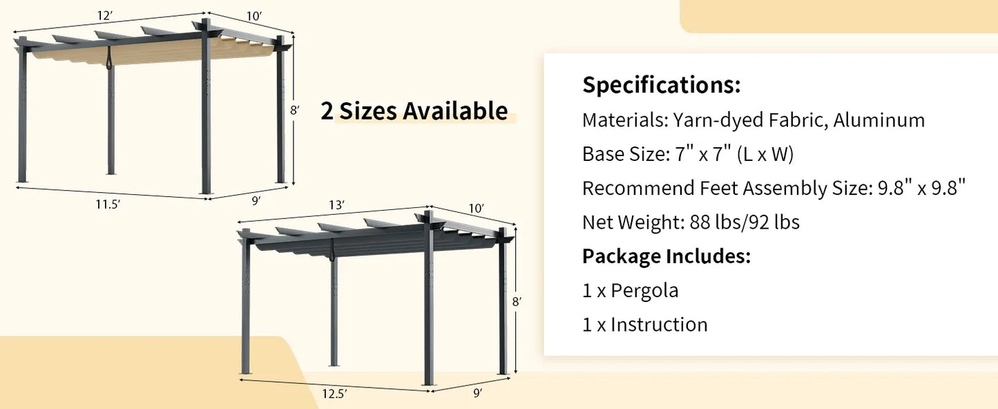 10x13 Ft Pergola,Aluminum Pergola w/ Retractable Sun Shade Canopy,Metal Pergola Structure