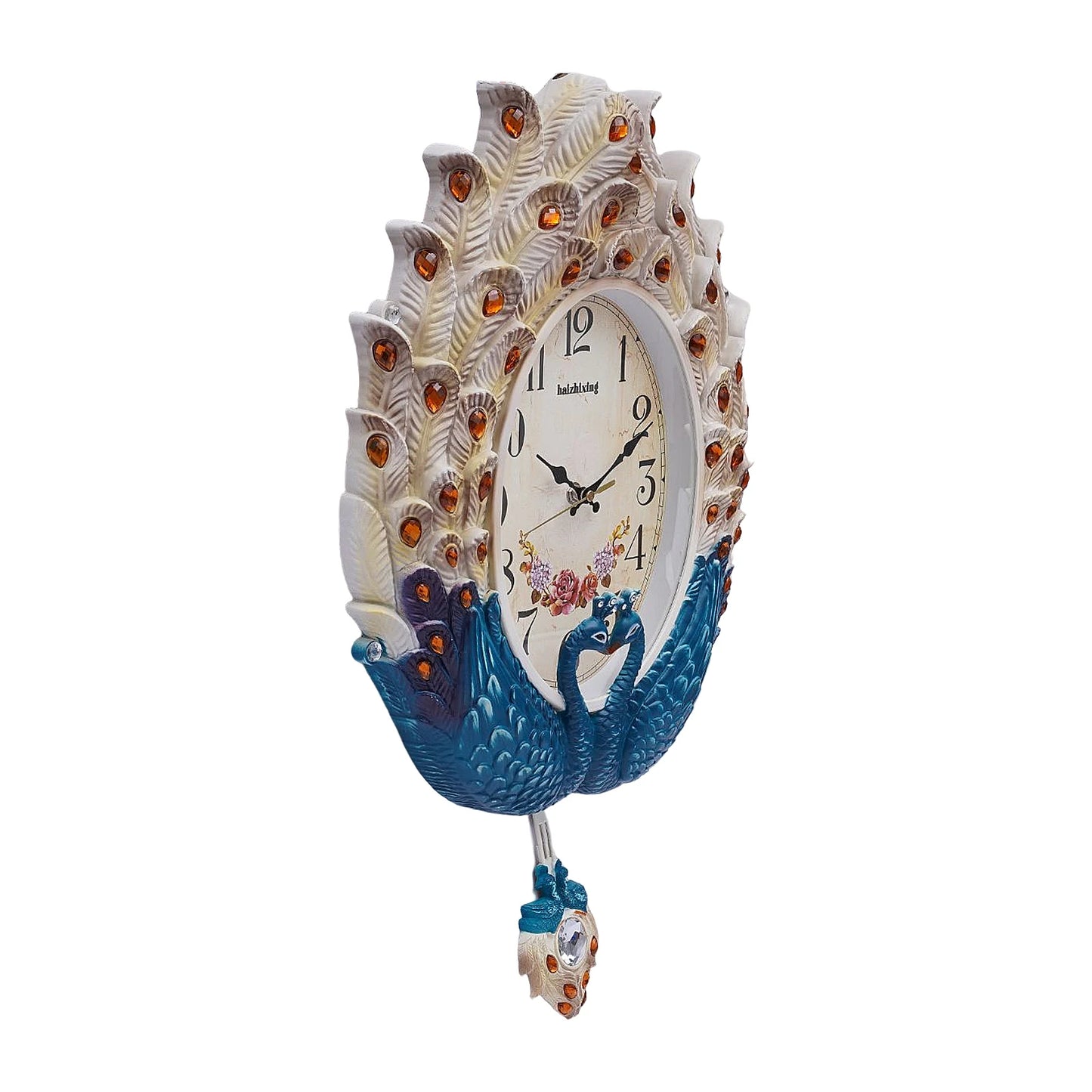 Exquisite Wall-Mounted Pendulum Clock w/Lifelike Animal Feathers, Large Dial, Quartz Movement,
