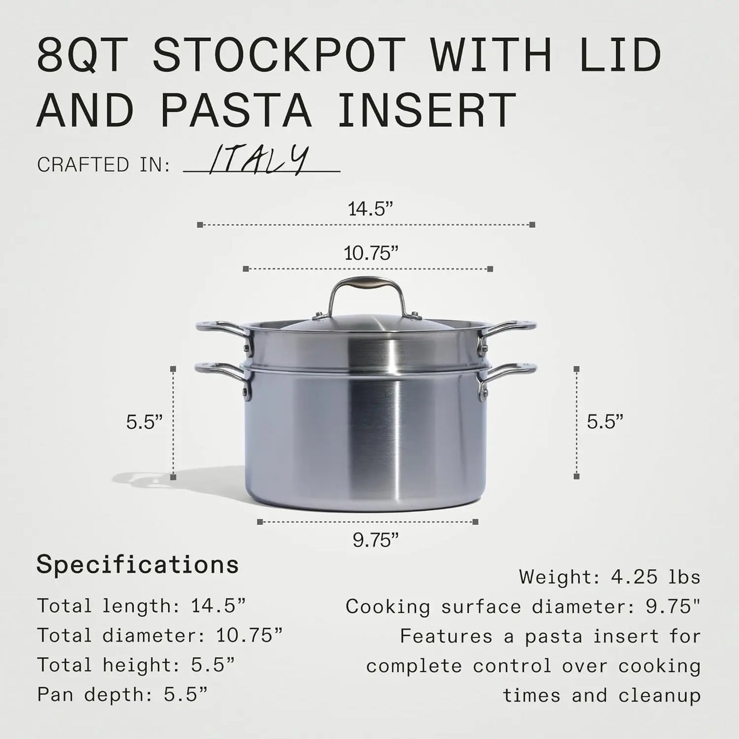 Made In Cookware-6/8/12 Quart Stainless Steel Stock Pot With Lid-5 Ply Stainless Crafted in Italy