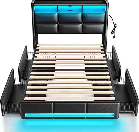 Rolanstar Twin/Full/Queen Frame LED Lights & Charging Station, PU Leather/Storage/Headboard/Drawers