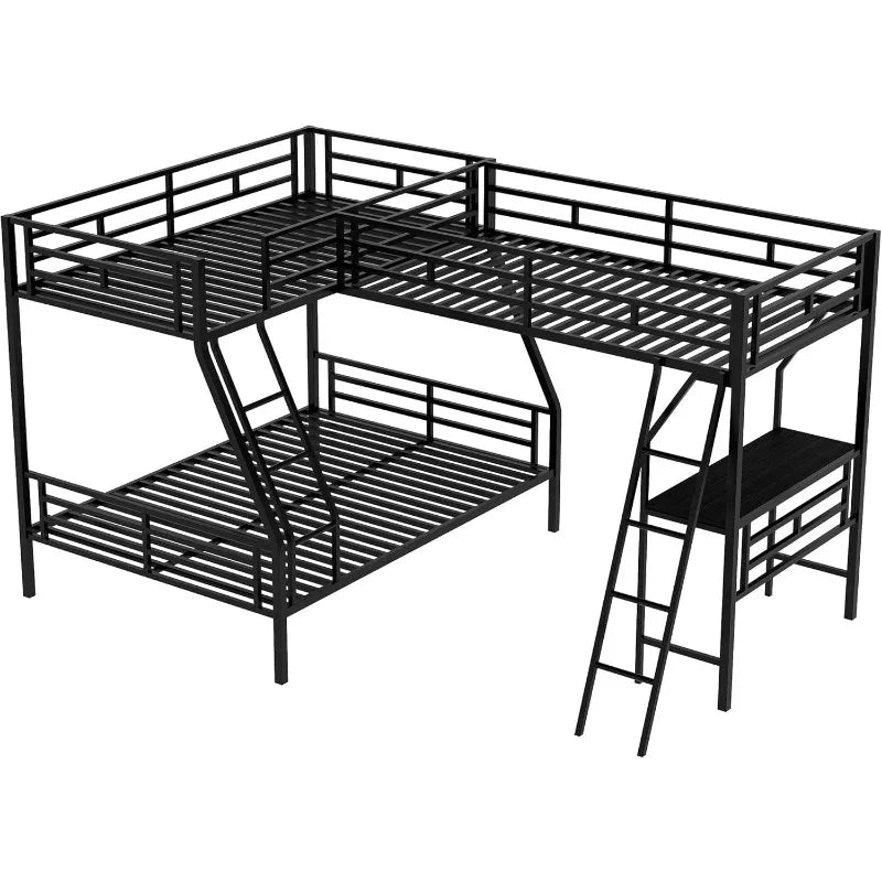 Triple Bunk Beds with Slide, L-shape Twin Over Full Bunk Bed Attached a Loft Bed with Desk