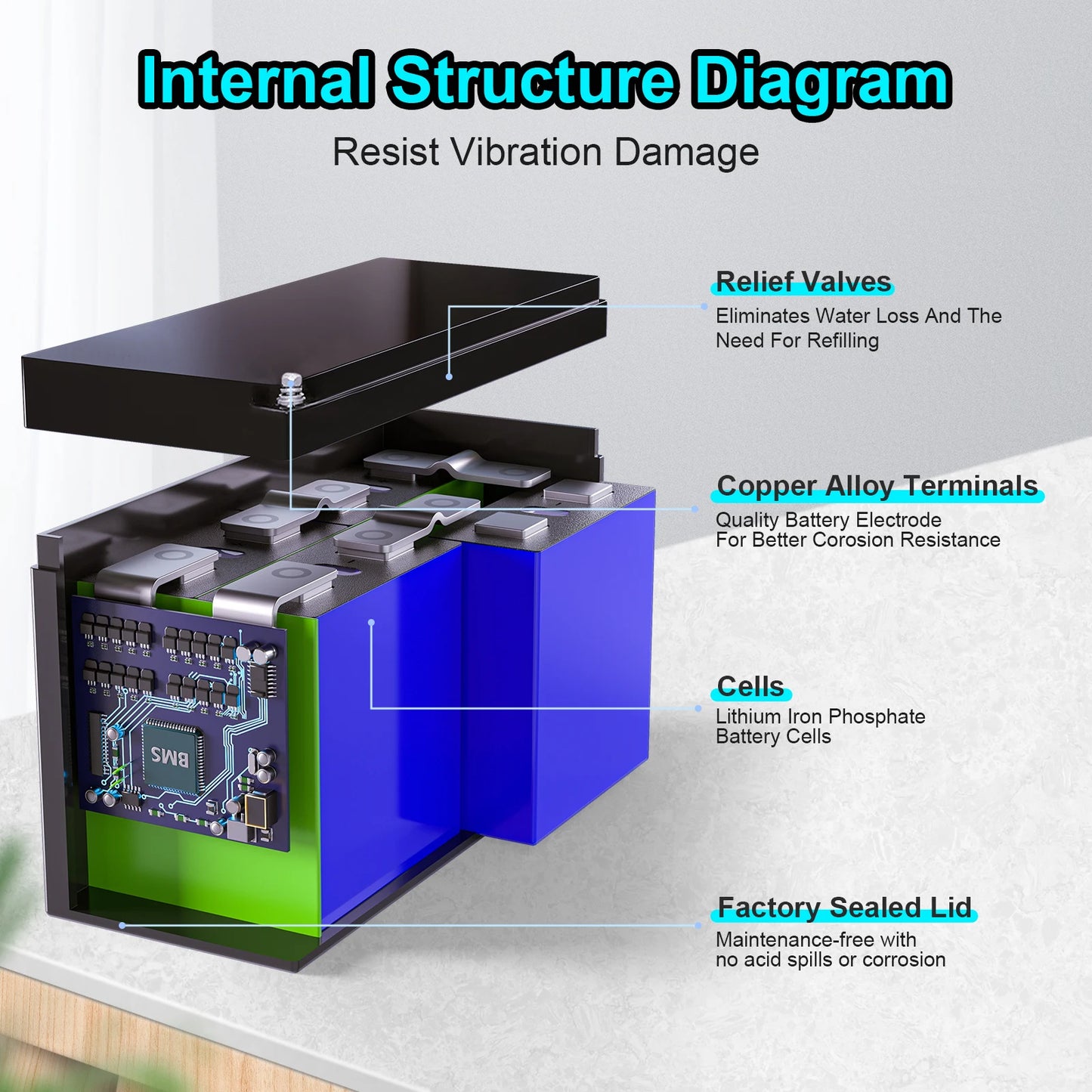 LiFePO4 Battery Cycle Lithium Battery, Built-in BMS, 5000+ Cycles Rechargeable Battery And 10-Year Lifetime