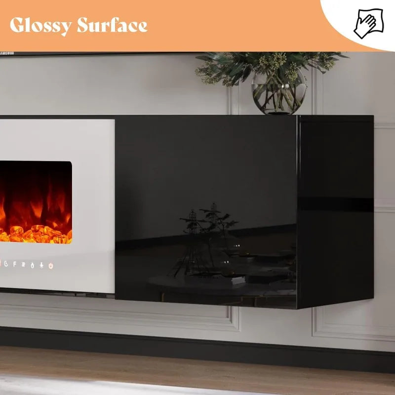 Floating TV Stand w/ 36" Electric Fireplace,High Gloss Finish Wall Mounted Entertainment Center