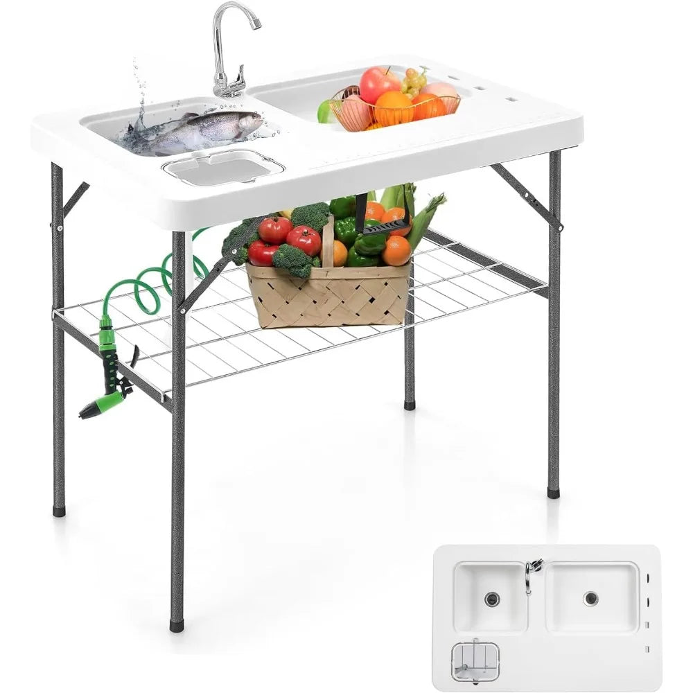 Folding Fish Cleaning Table with Sink, Portable Camping Sink Table with Grid Rack & Sprayer