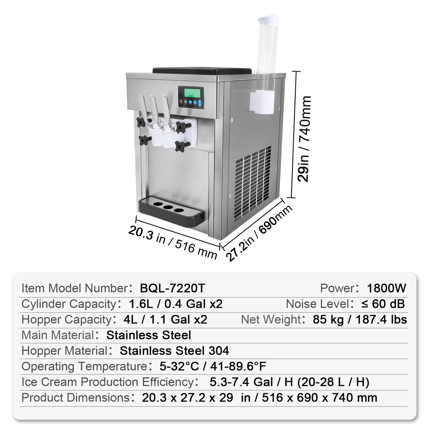 SucceBuy 4L Commercial Ice Cream Single x2 Flavor Countertop Soft Serve Touch Screen Auto Clean