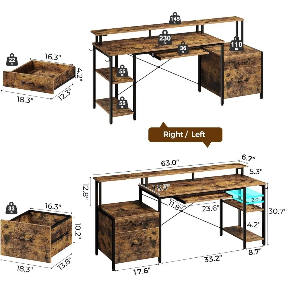 ROLANSTAR Computer Desk 63" w/File Drawer, Gaming Desk w/LED Light & Power Outlets, Home Office Desk