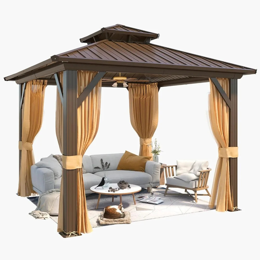 10' x 10' Gazebo Hardtop w/Aluminum Frame,Galvanized Steel Double Roof Gazebos w/Curtain and Netting
