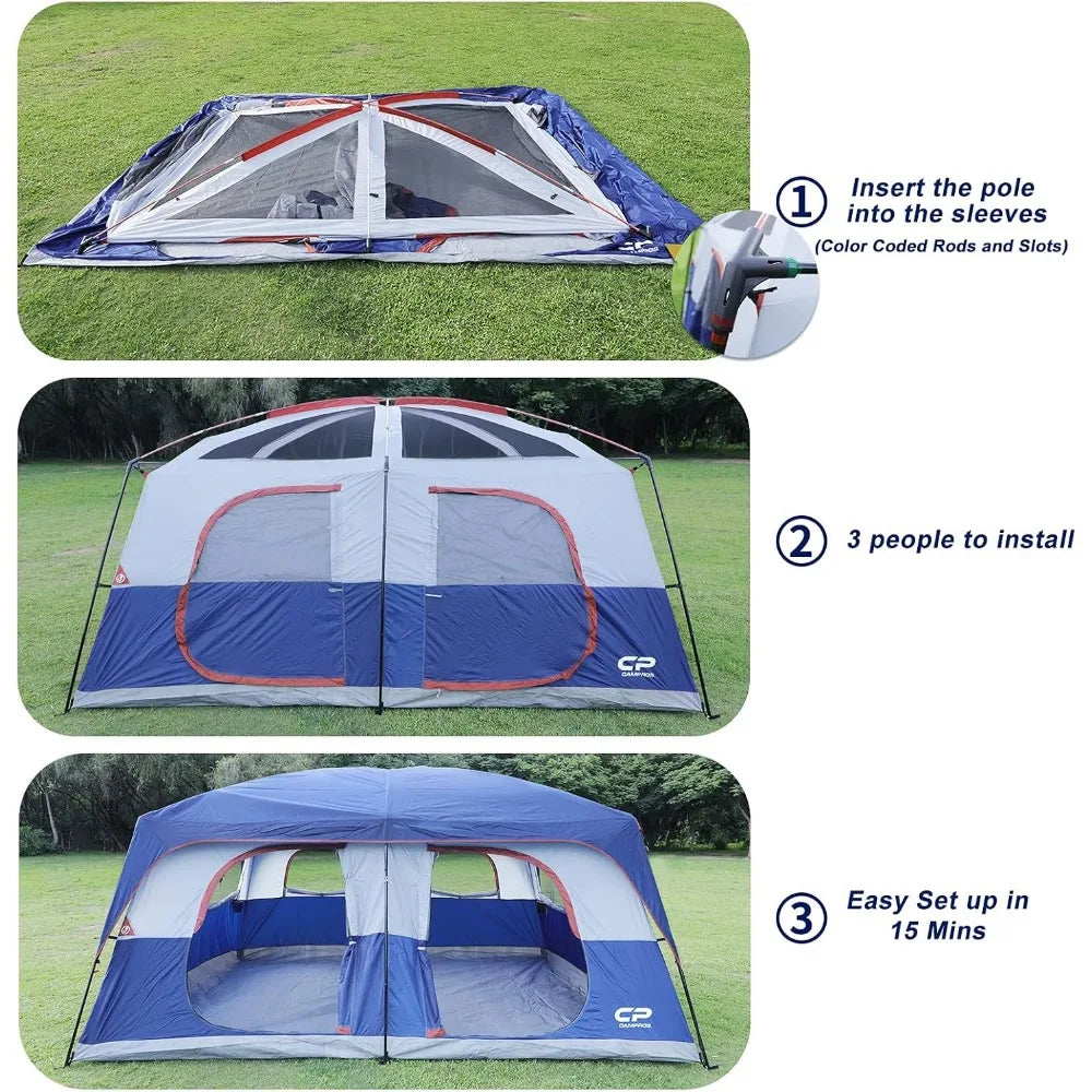 Tent 12 Person Camping Tents, 2 Room Weather Resistant Family Cabin Tent, 6 Large Mesh Windows