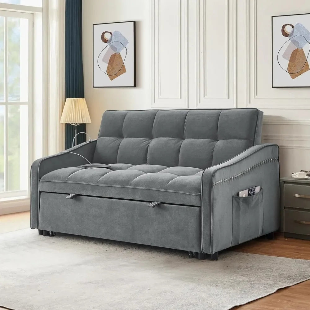 3 in 1 Sleeper Sofa Couch Bed w/USB & Type C Port, 52" Small Modern Loveseat Sofa w/Pull Out Bed