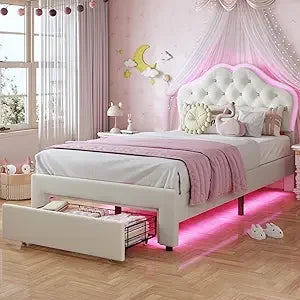 Twin Size Girl Bed with Storage Drawer & LED Lights,Adjustable Headboard with Velvet Crystal Button
