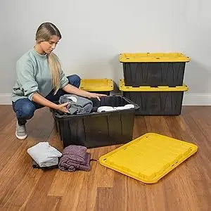 Black&Yellow 17-Gal Heavy Duty Tough Storage Container&Snap-Tight Lid,(12.5”Hx18”Wx26.9”D), [4 Pack]