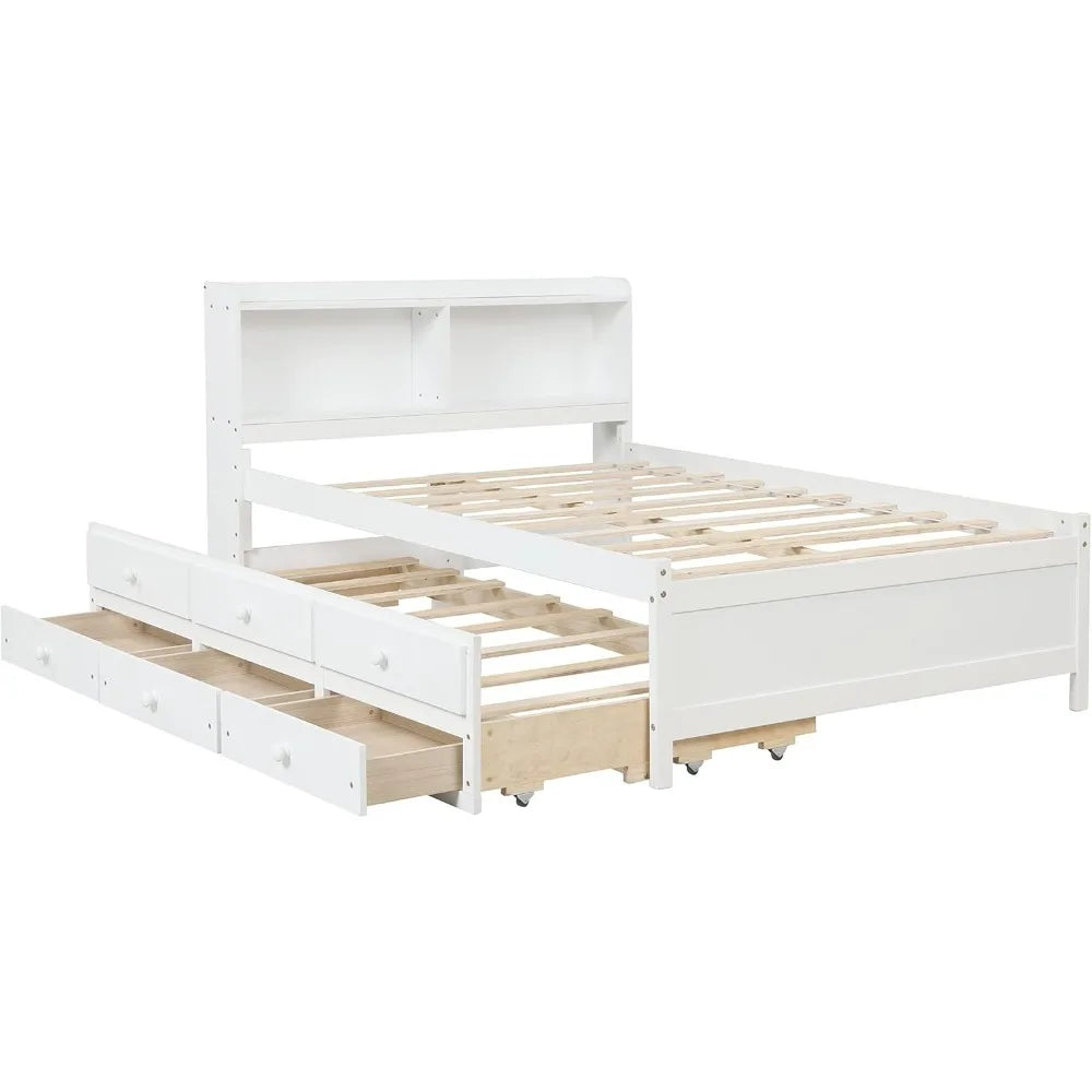 Full Size Bed Frame with Bookcase Headboard,Captain’s Bed Full Trundle Bed with Storage