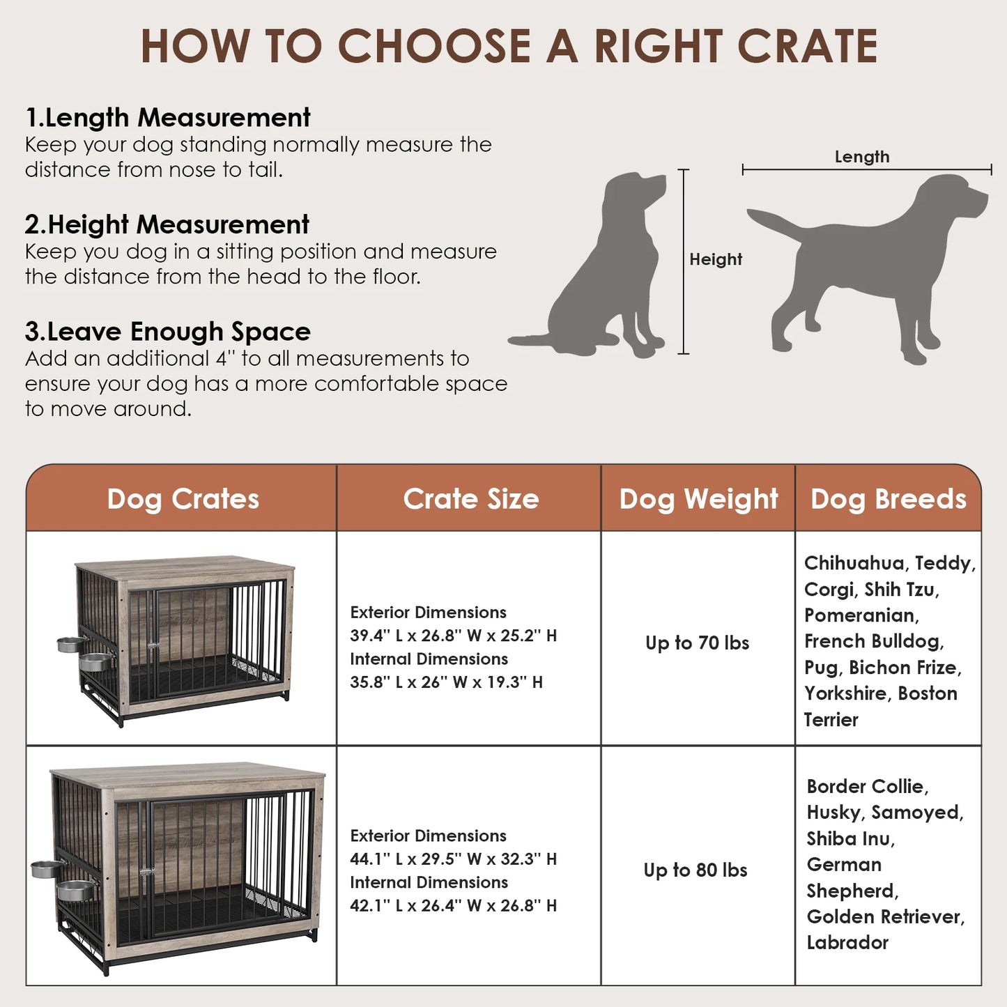 Furniture Style Dog Crate,Wooden Heavy Duty/ Raised Feeder/Dogs 2 Stainless Steel Bowls Brown/Gray