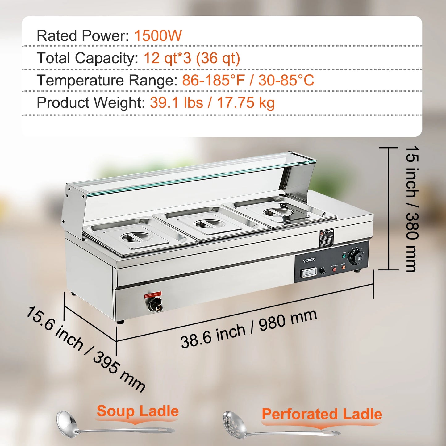 VEVOR Commercial Food Warmer w/ Tempered Glass Cover Electric Steam Table Countertop Stainless Steel