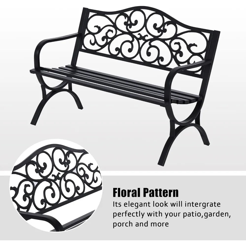 50 Inches Outdoor Garden Bench,Cast Iron Metal Frame Patio Park Bench/Floral Pattern Backrest