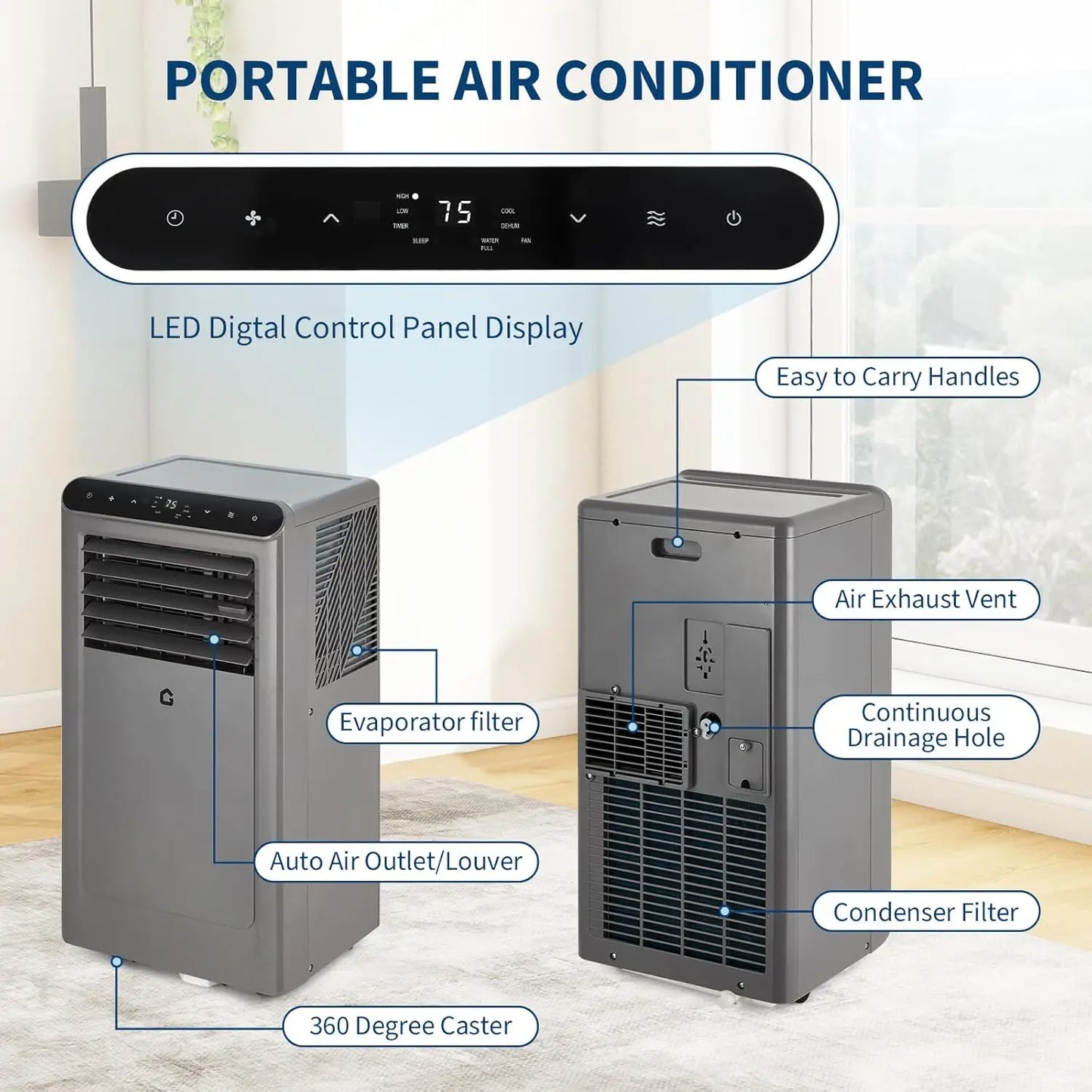 8000BTU Portable Air Conditioner 3-in-1 Cooling/Dehumidifier & Fan, Cools 350 Sq.Ft, Quiet w/Remote
