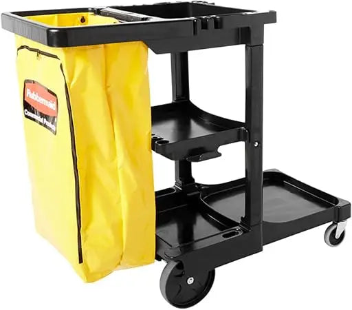 Rubbermaid Commercial Traditional Janitorial 3-Shelf Cleaning Cart, Wheeled/Zipper Yellow Vinyl Bag