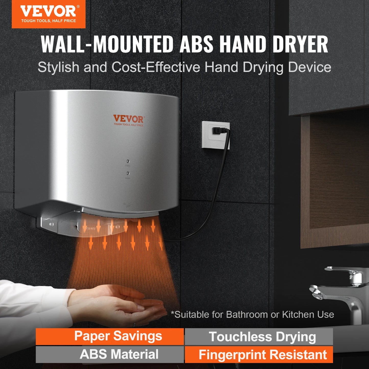 VEVOR Heavy Duty Commercial Hand Dryer 1400W Automatic High Speed Warm Wind Hand Blower