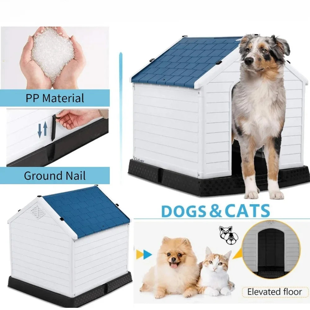 Big Dog House, Durable Waterproof Plastic Dog Kennel, Elevated Floor & Base Support Pet Winter House